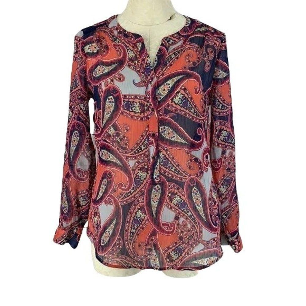 Liz Claiborne Orange Navy Paisley Button Front Blouse Small Long Sleeve Top